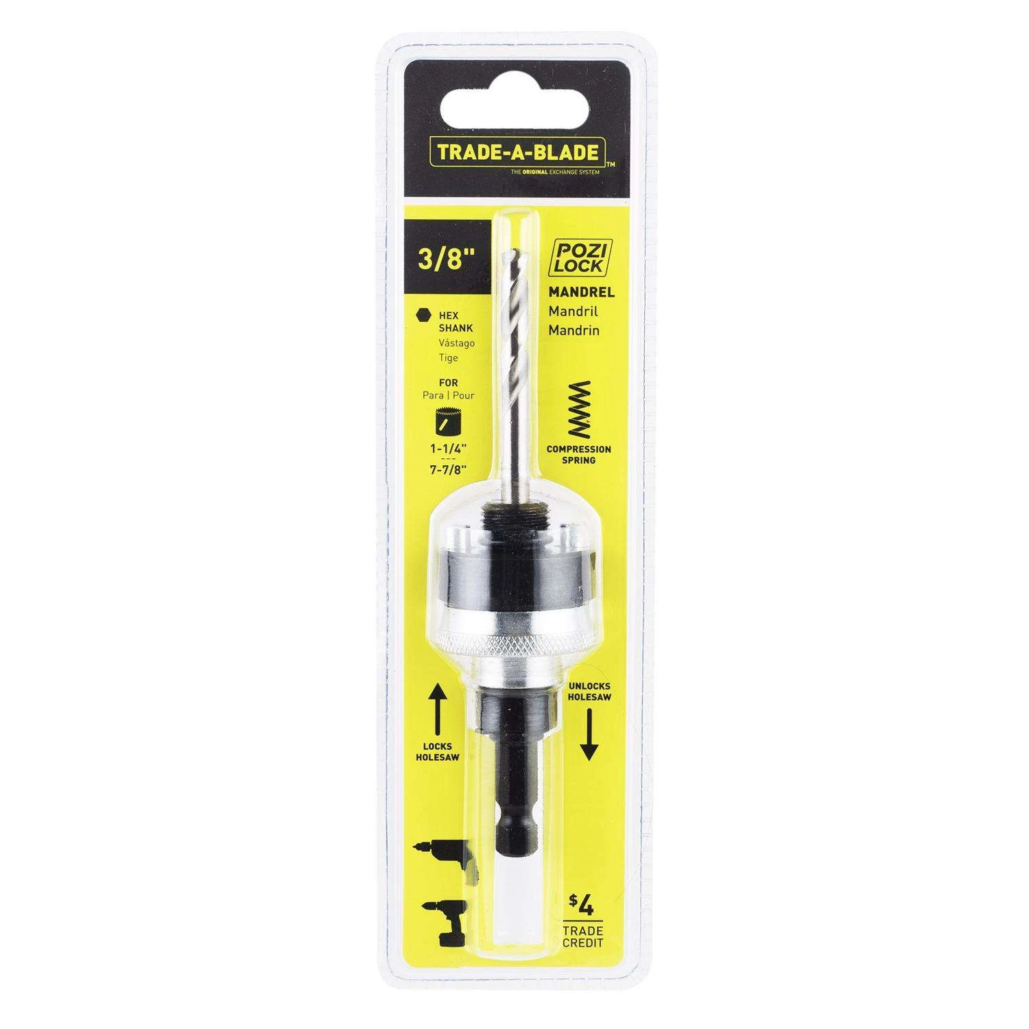 Trade A Blade Pozi-Lock 3/8 In. Spring-loaded Hole Saw Mandrel 1/4 In. Hex 1 Pc 3 Trade A Blade Pozi-Lock 3/8 In. Spring-loaded Hole Saw Mandrel 1/4 In. Hex 1 Pc