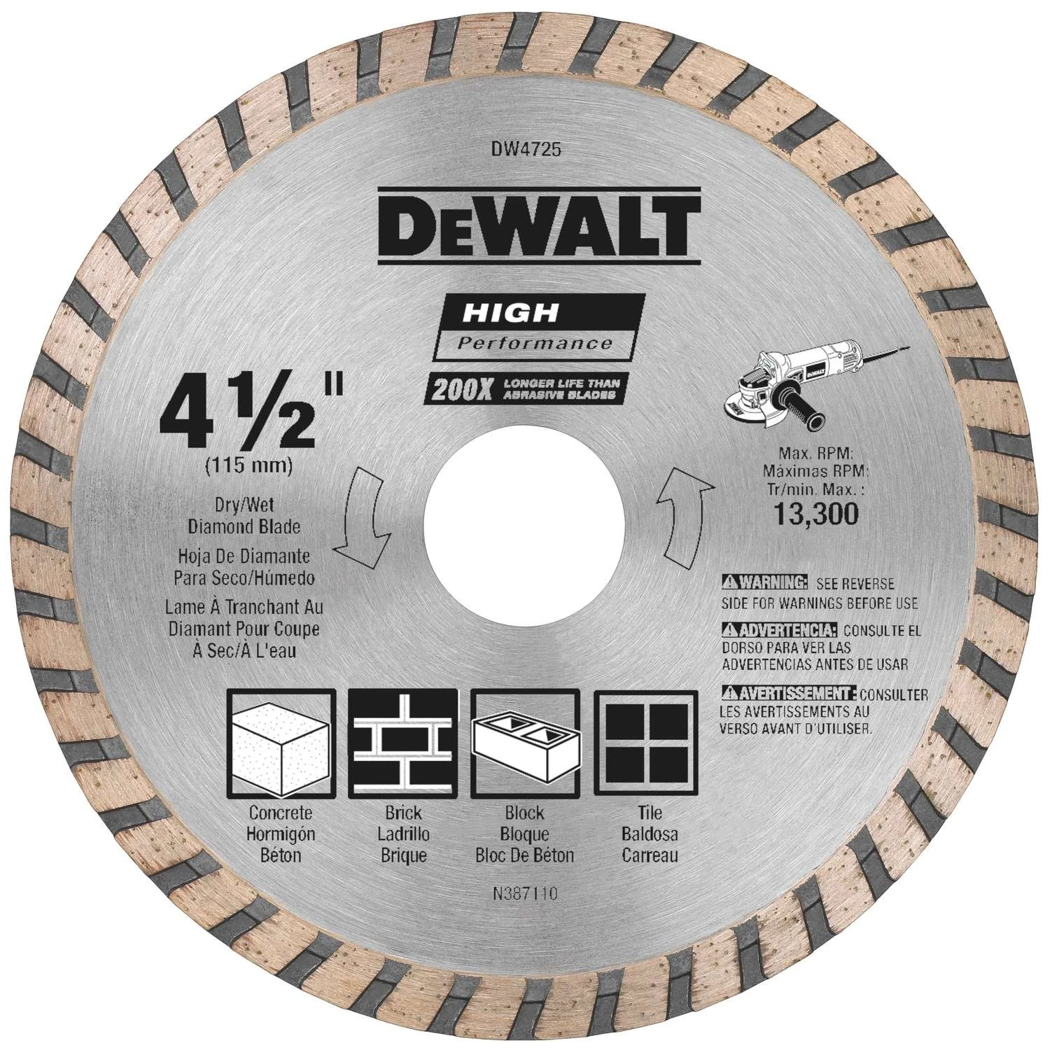 DeWalt High Performance 4-1/2 In. D X 7/8 In. Diamond Turbo Masonry Cut-Off Blade 1 Pc 3 DeWalt High Performance 4-1/2 In. D X 7/8 In. Diamond Turbo Masonry Cut-Off Blade 1 Pc